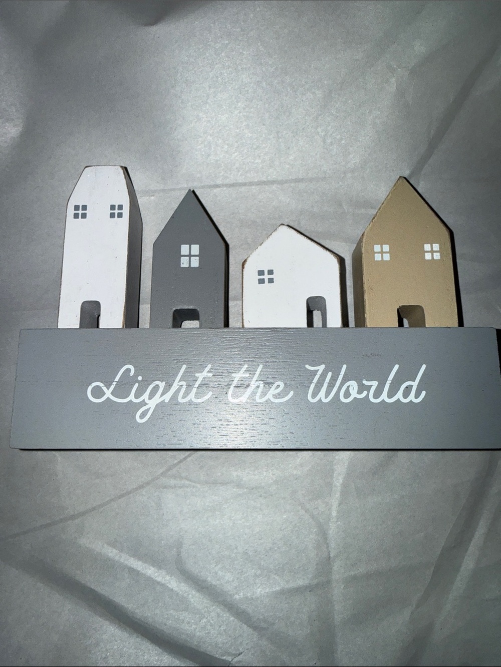 Light the World Wooden House Mantel Decor - White, Gray, Tan Light the World